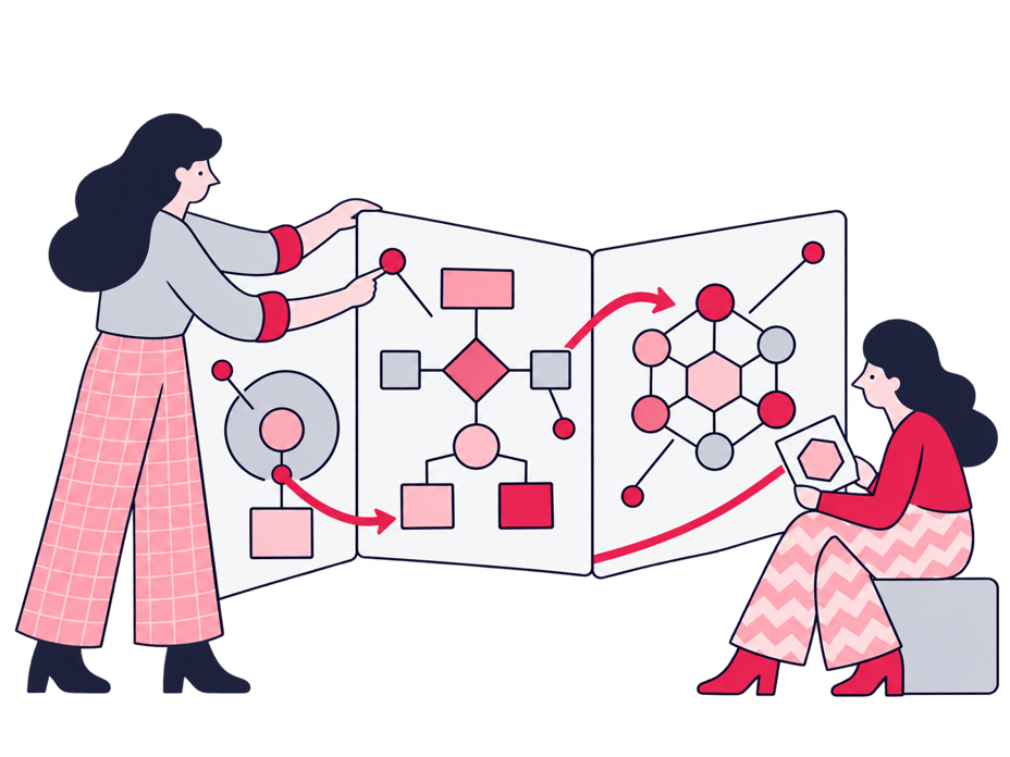 Reader navigating a long-form guide's table of contents beside a diagram illustration