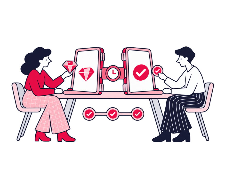 Illustration of a figure walking a steady path past contact and quote cards toward a world map of press contacts