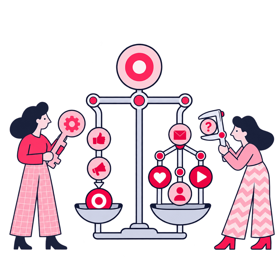 Bir Zeo analistinin touchpoint jetonlarını çok kollu bir terazide tartması