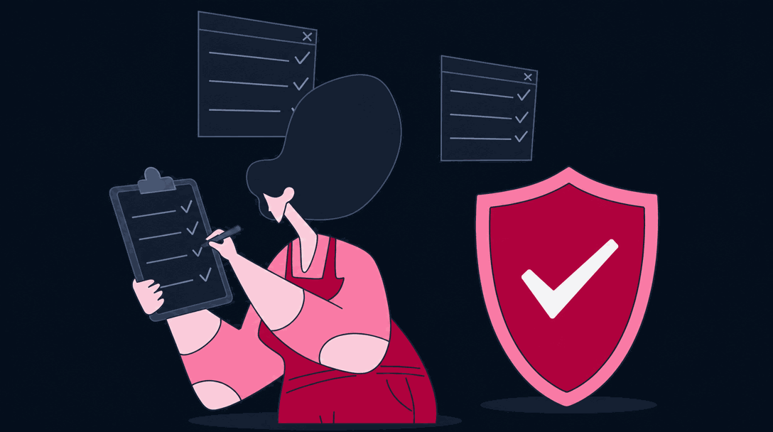 Illustrated figure checking items on a clipboard beside a large shield