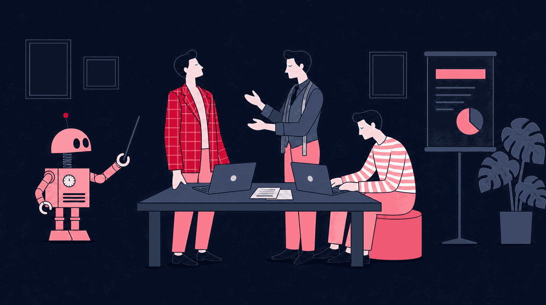 Illustrated group gathered around a training table with a presentation screen