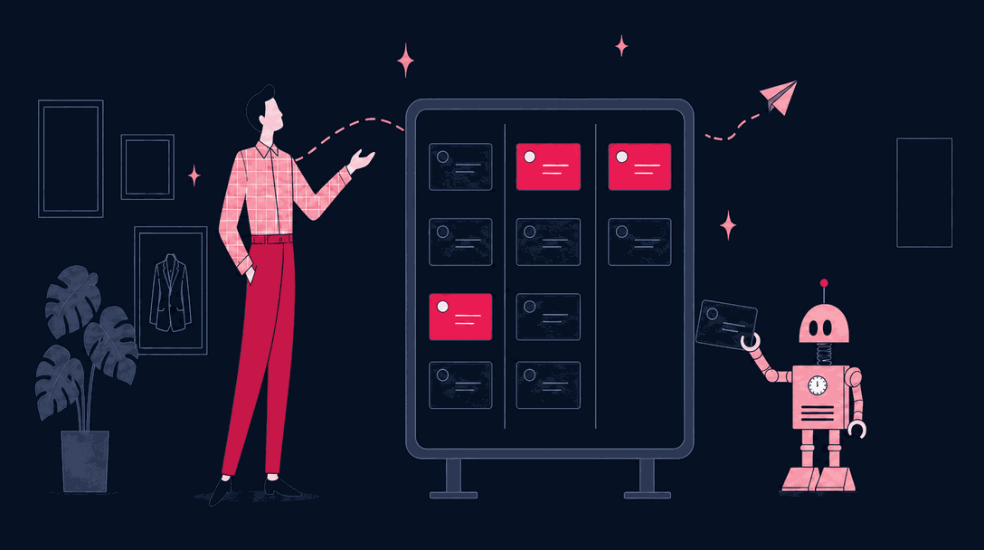 Illustrated figure reviewing a workflow board while a small robot assistant holds up a card