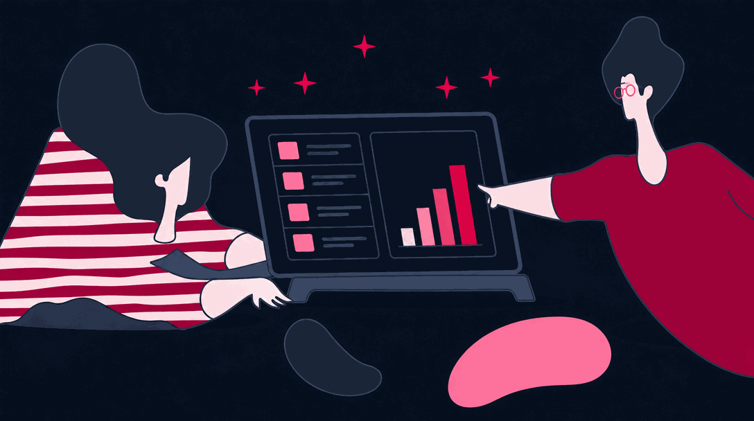 Two illustrated figures planning together around a shared screen