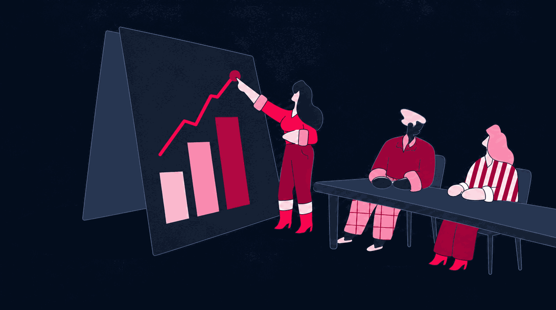 Illustrated figure presenting a rising chart to a boardroom table