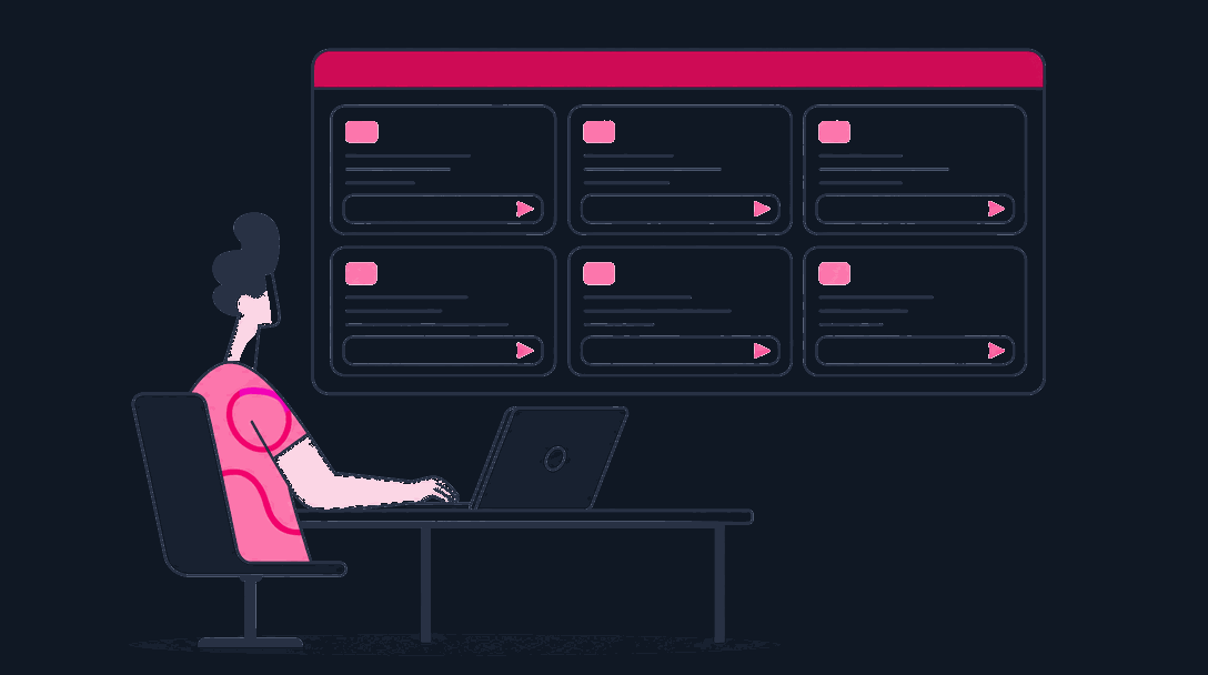 Illustrated figure practicing at a desk in front of a large screen of prompt windows