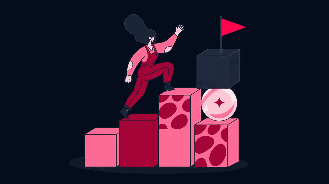 Illustrated figure climbing a staircase of blocks toward a flag