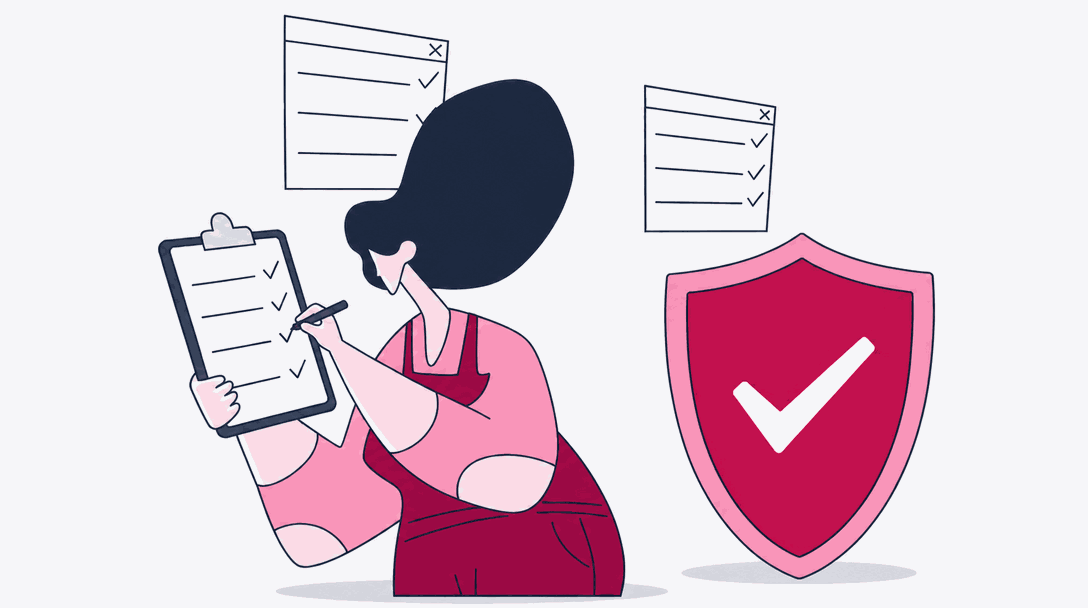 Illustrated figure checking items on a clipboard beside a large shield