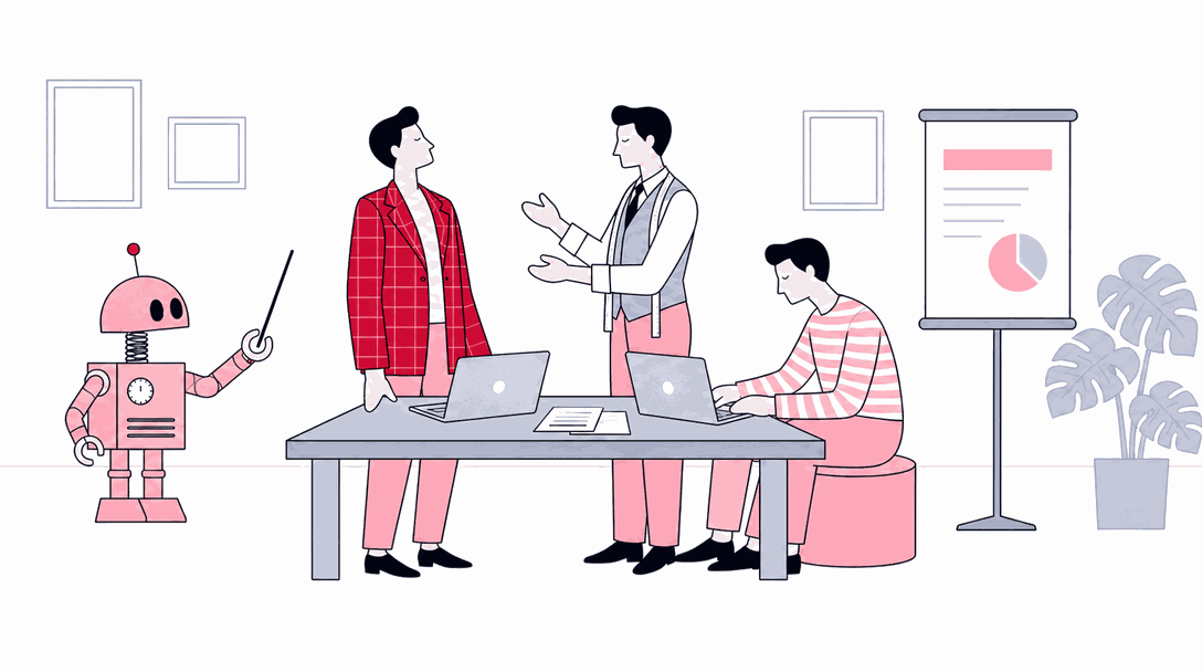 Illustrated group gathered around a training table with a presentation screen