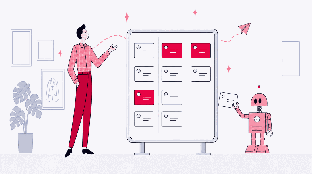 Illustrated figure reviewing a workflow board while a small robot assistant holds up a card