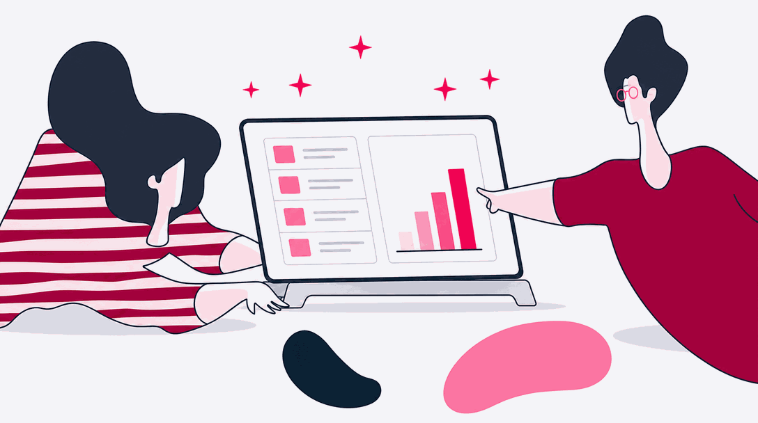 Two illustrated figures planning together around a shared screen