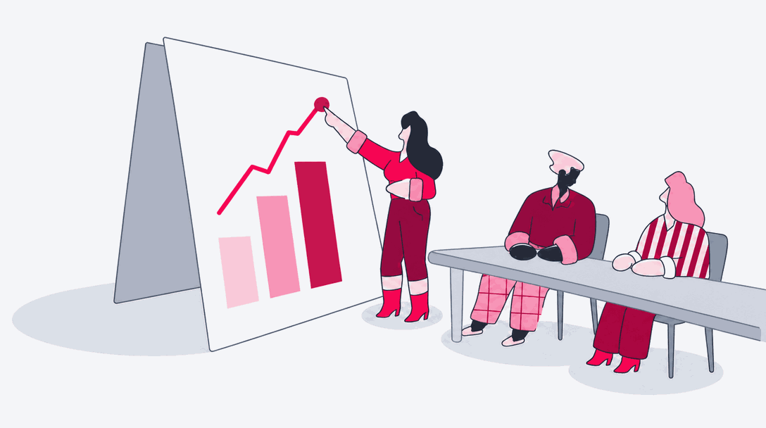 Illustrated figure presenting a rising chart to a boardroom table