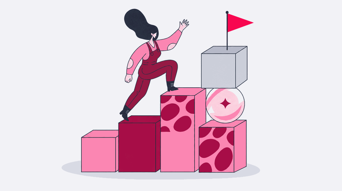 Illustrated figure climbing a staircase of blocks toward a flag