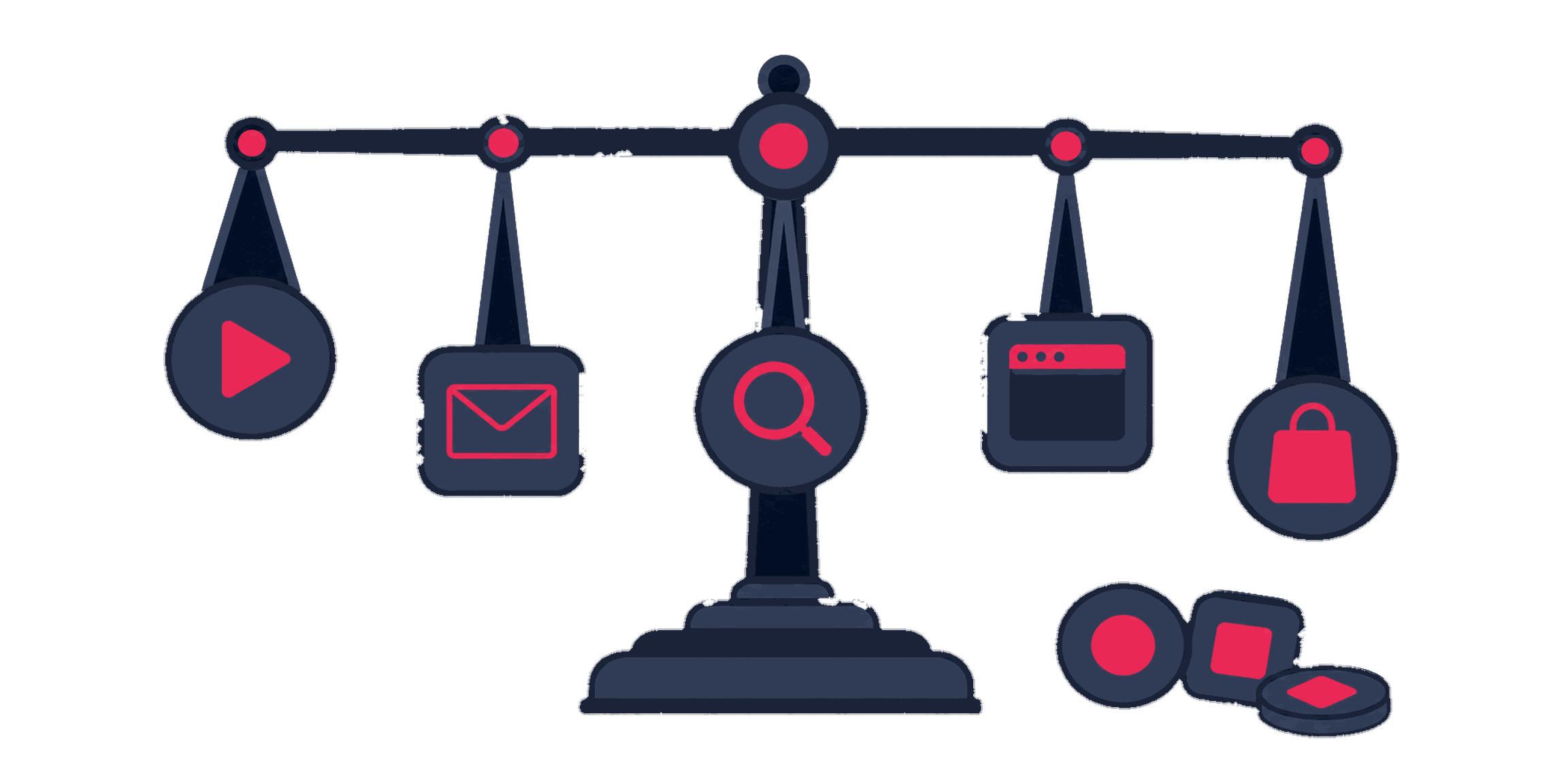 An analyst weighing touchpoint tokens on a multi-arm balance