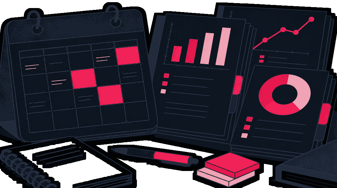 A report schedule calendar next to a sample automated report pack