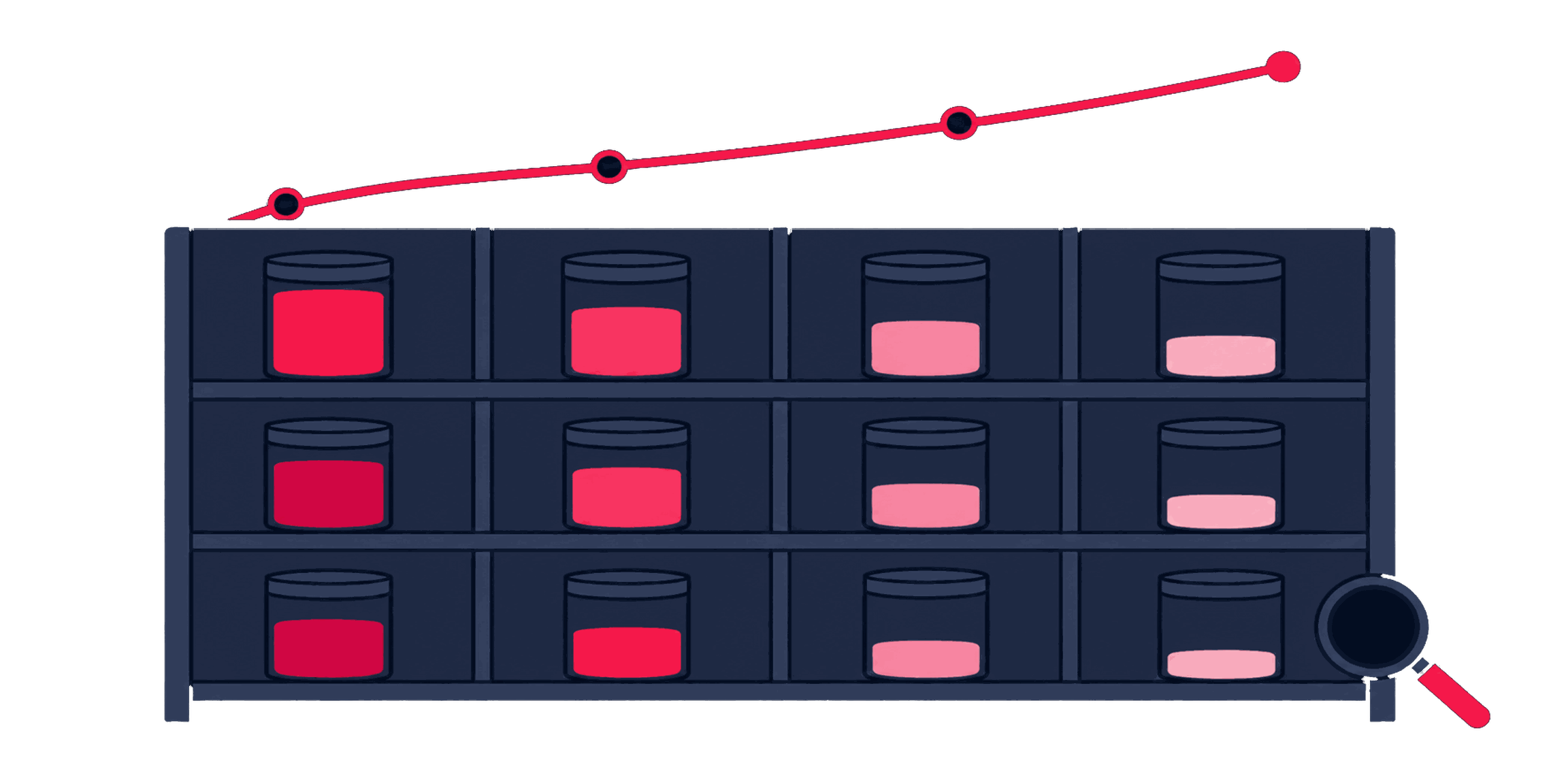 A researcher lining up cohort jars on shelves by month, with an LTV curve above