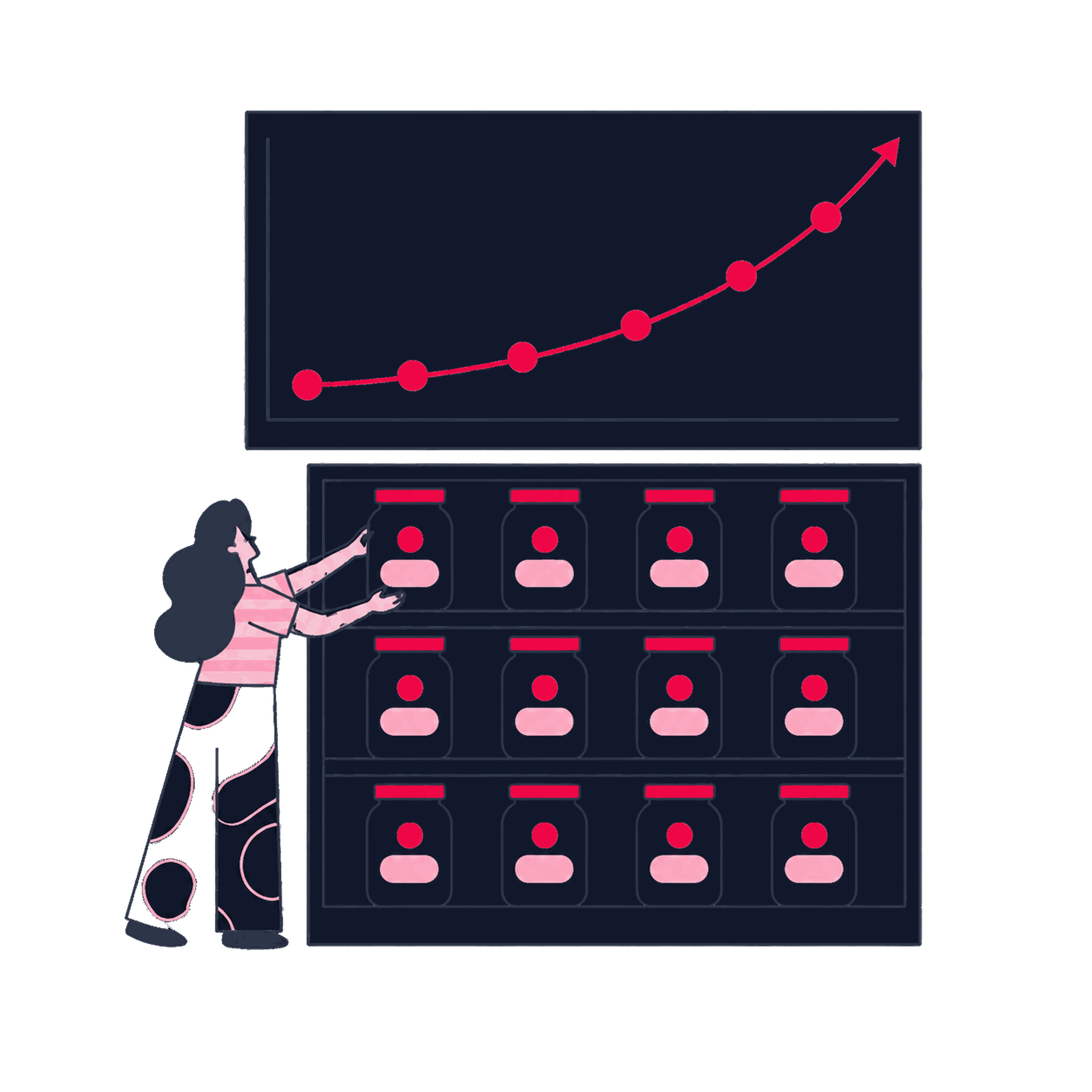 A Zeo researcher lining up cohort jars on shelves by month, with an LTV curve above