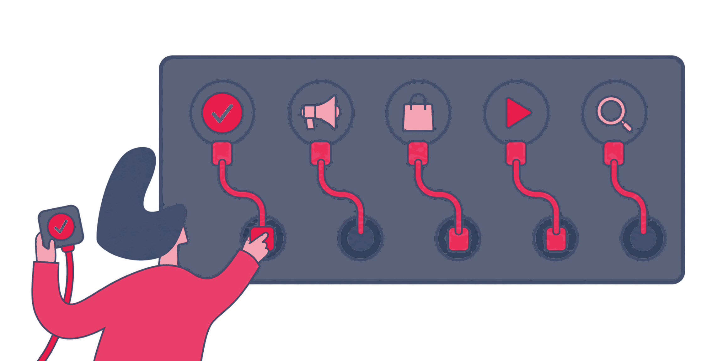 A technician wiring conversion tags to a switchboard of ad platforms