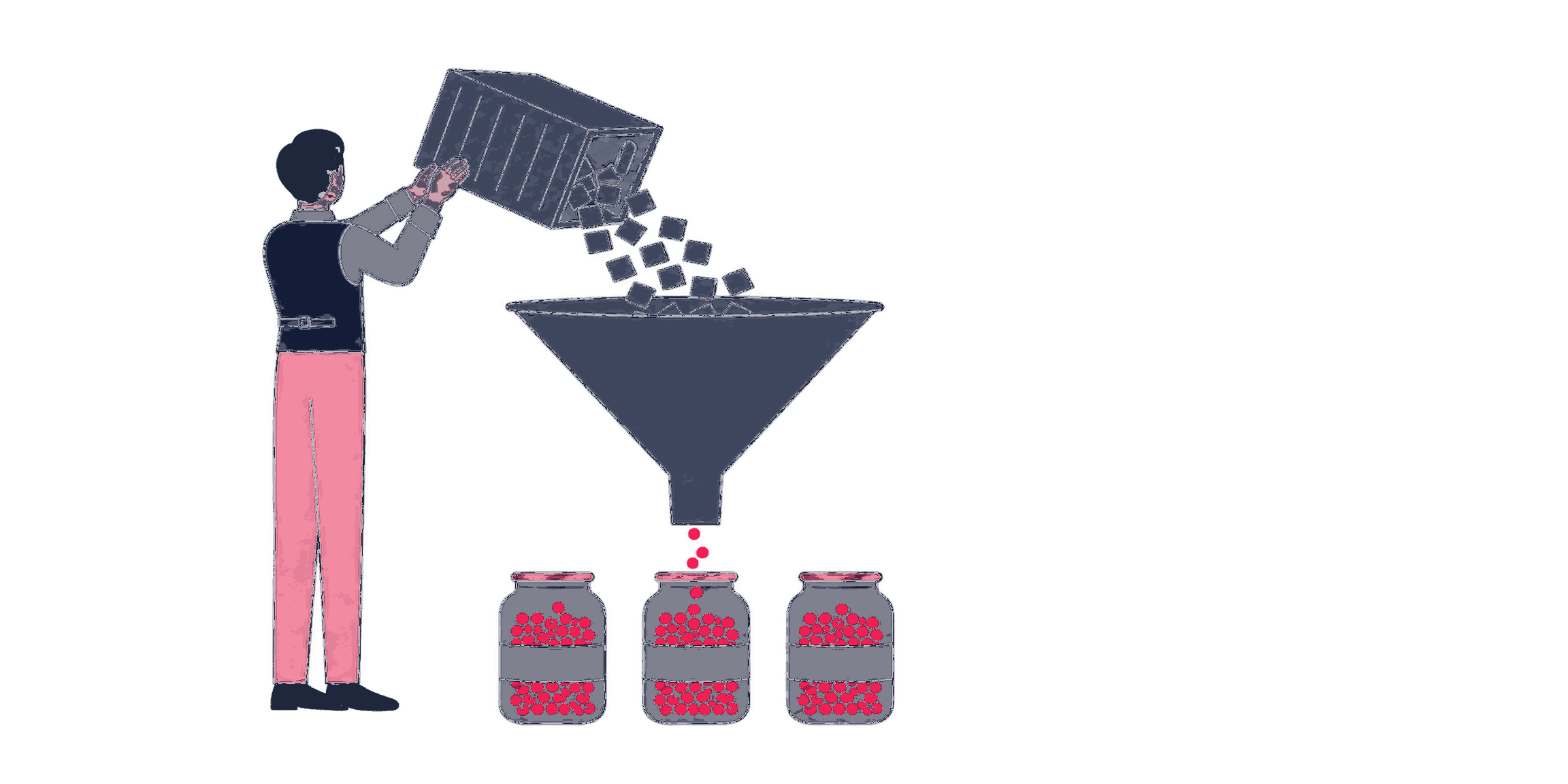 A specialist moving raw data crates through an enrichment funnel into labeled jars