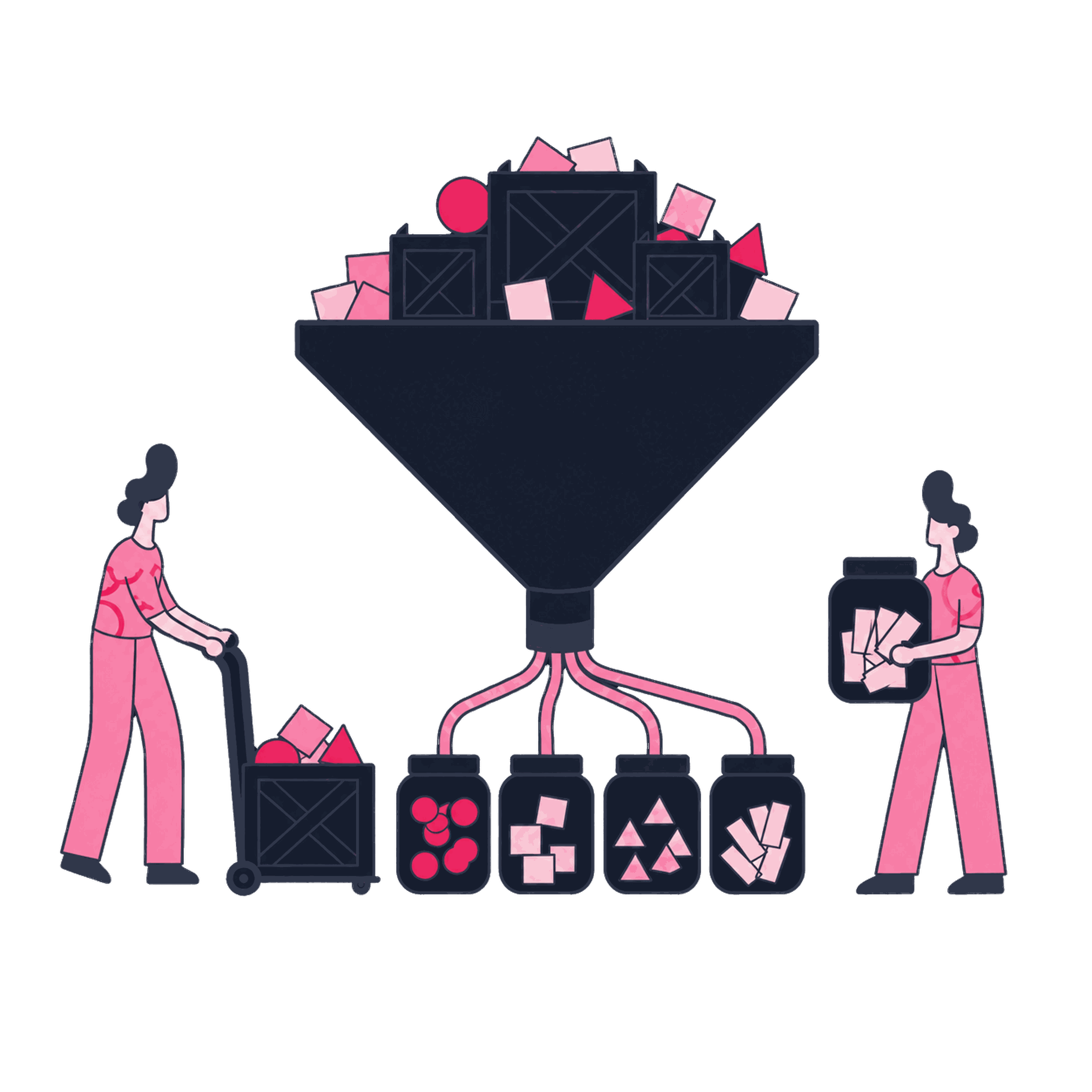 A Zeo specialist moving raw data crates through an enrichment funnel into labeled jars