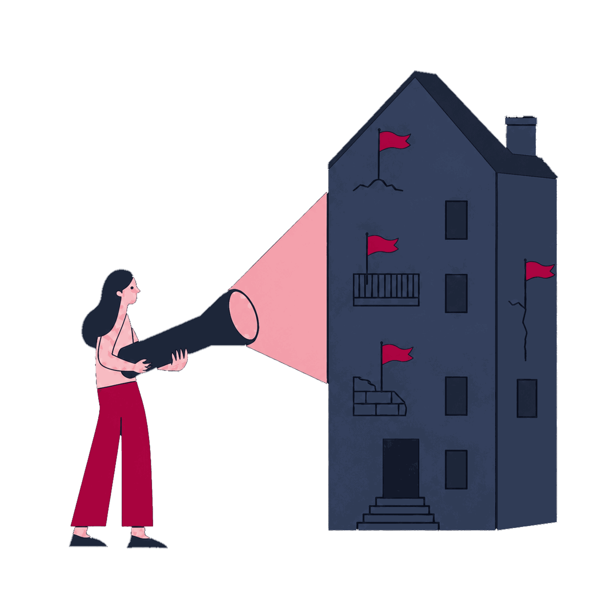 A Zeo specialist inspecting a GA4 property model with a flashlight, tagging issues as they surface