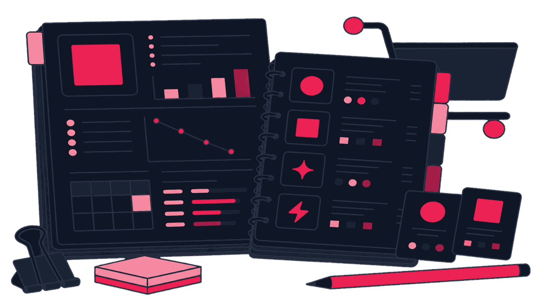 An ecommerce spec sheet and item schema cards next to a small shopping cart