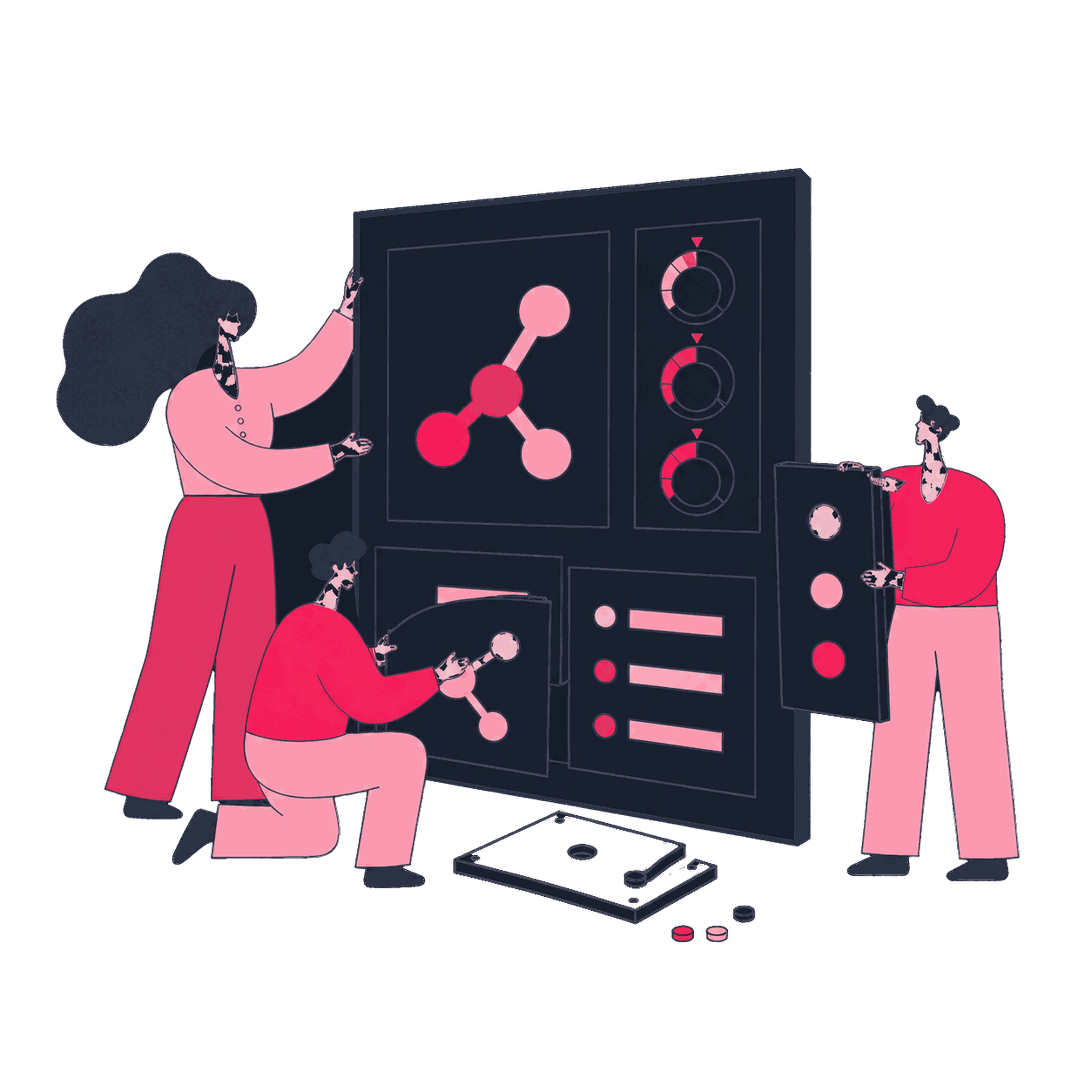 A Zeo crew assembling a GA4 property like furniture with panels, streams, and settings dials
