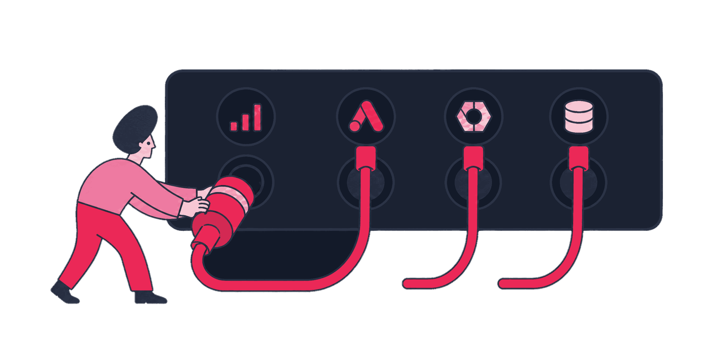 A specialist connecting a GA4 pipe to Ads and BigQuery sockets on a patch panel