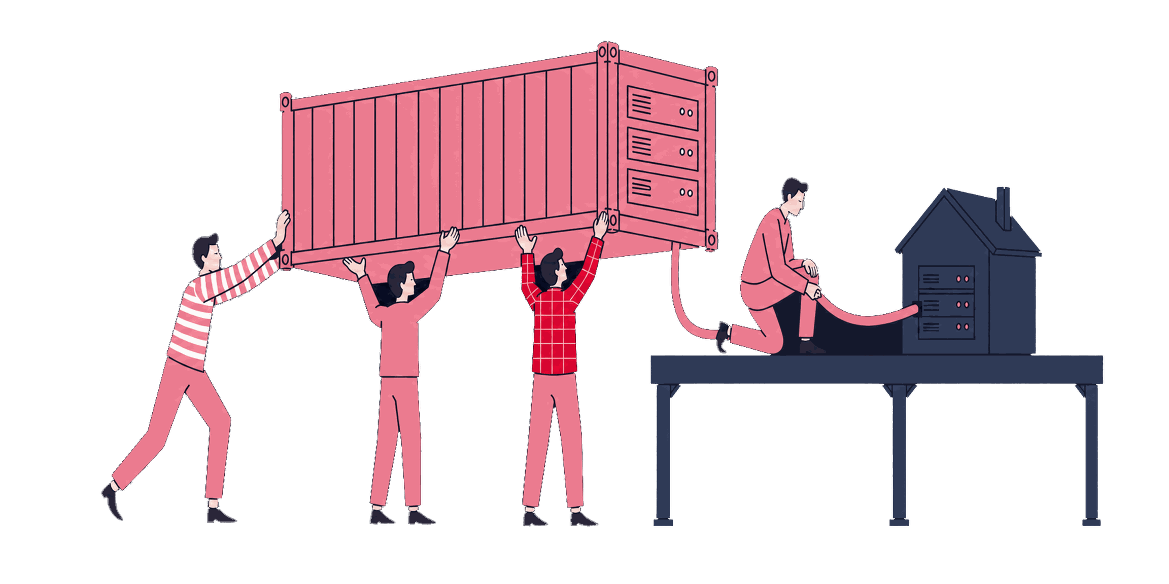 A crew hoisting a container onto a server-side platform, routing a first-party pipe