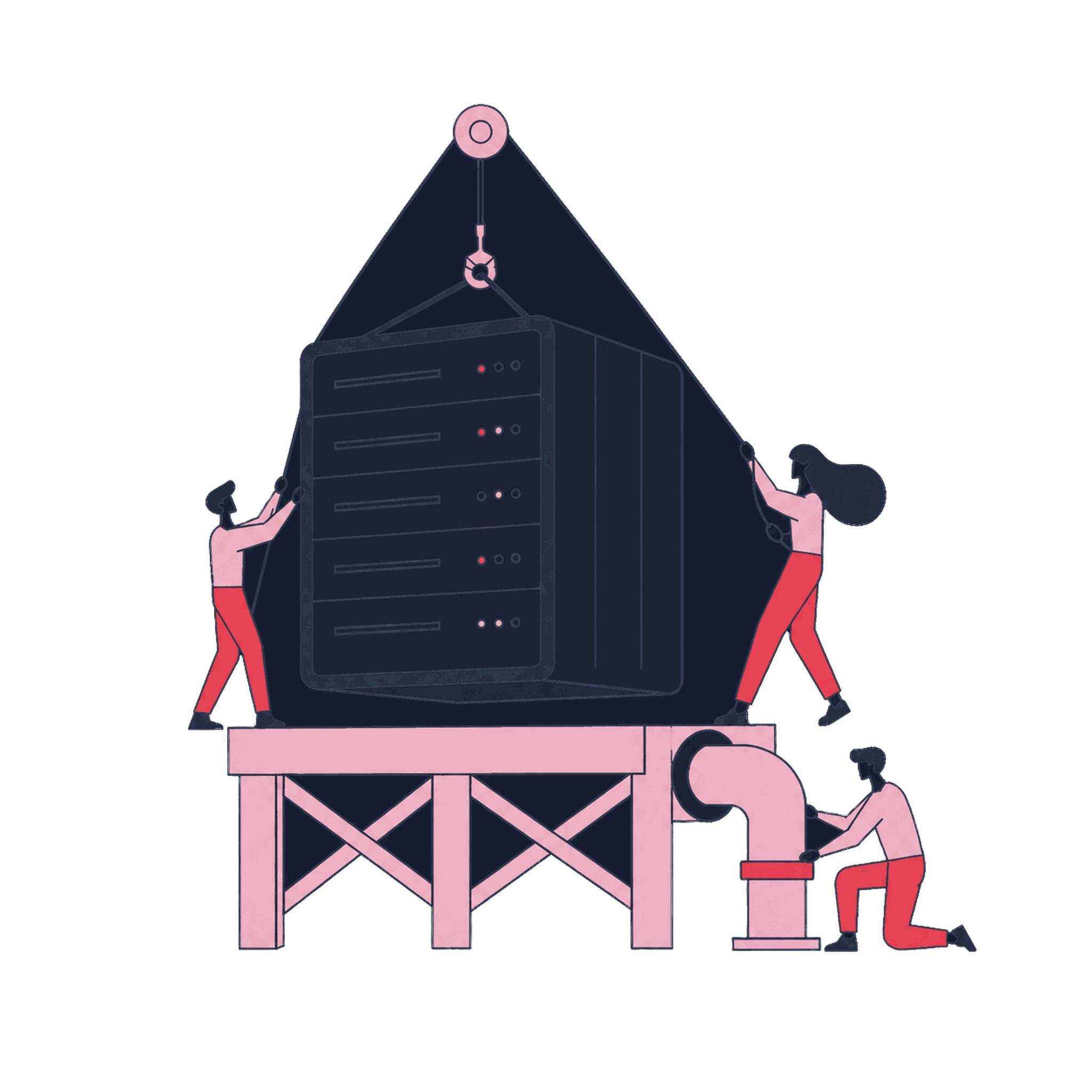 A Zeo crew hoisting a server container onto a platform and routing a first-party pipe