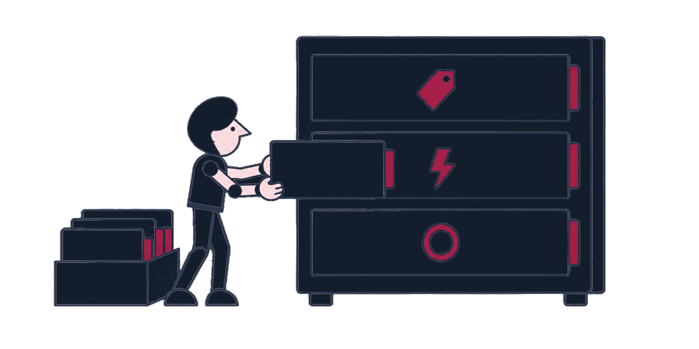 An architect arranging tag, trigger, and variable drawers into a labeled cabinet