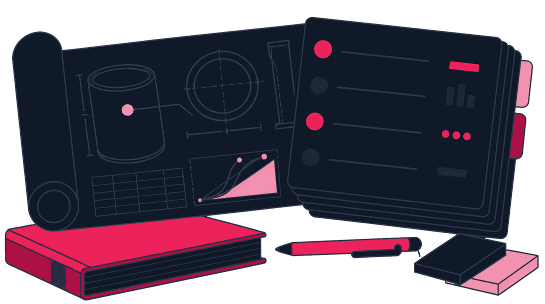 A rolled container blueprint next to a naming-convention card