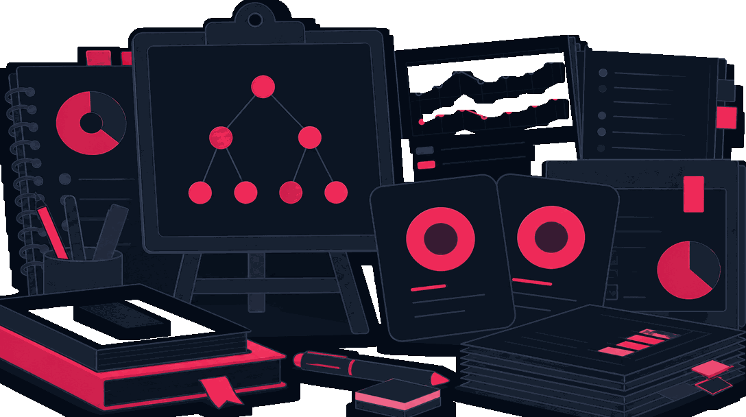 A framed KPI tree on an easel beside a set of goal cards