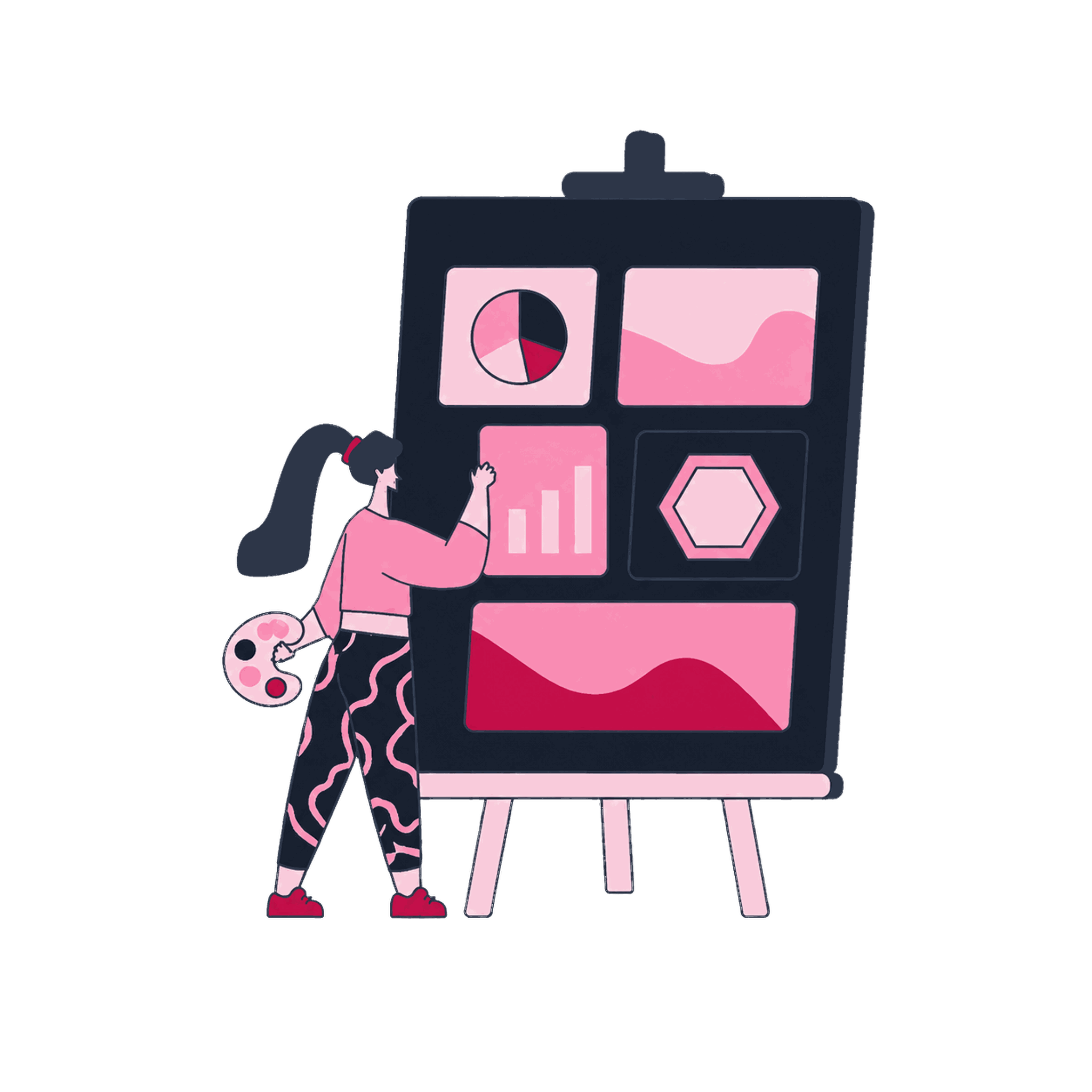 A Zeo builder composing dashboard tiles on a large easel, palette in hand