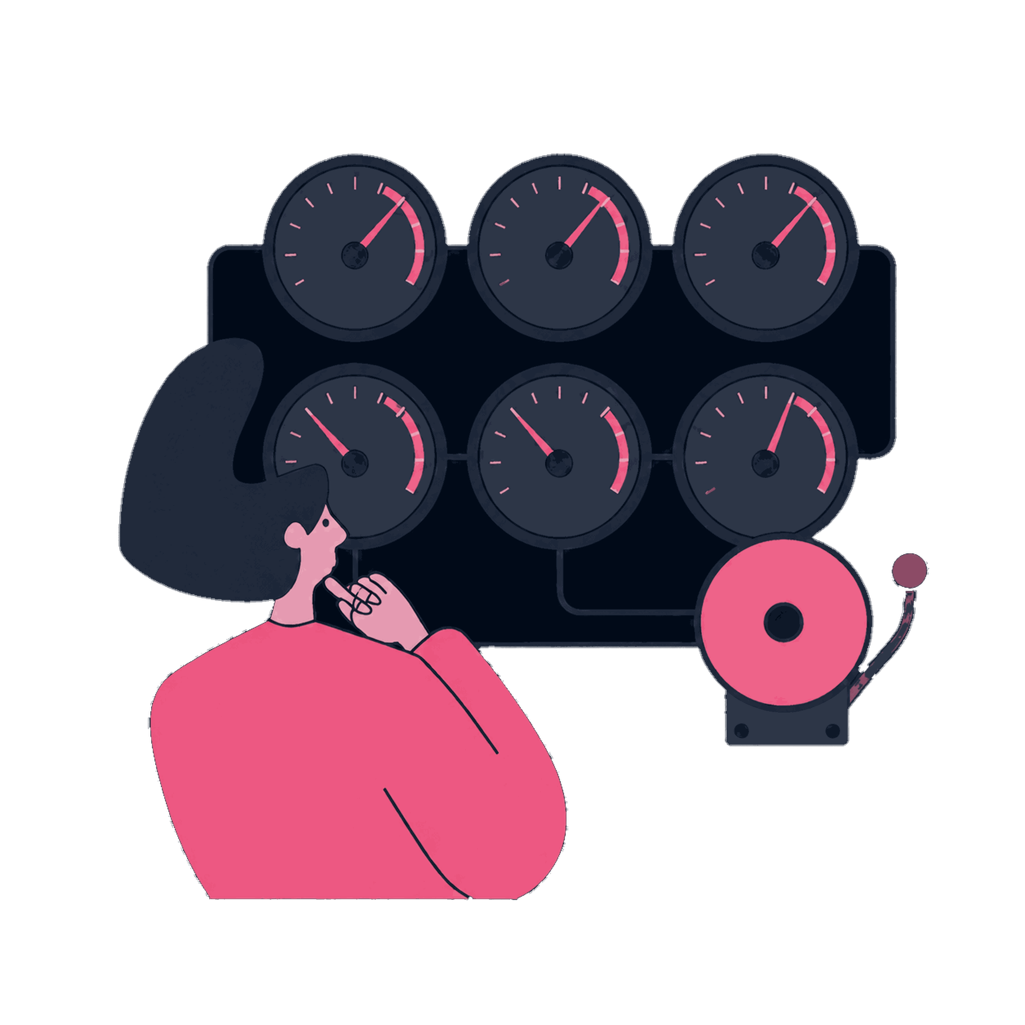 A Zeo watchkeeper at a wall of gauges with one alarm bell and steady signal lines