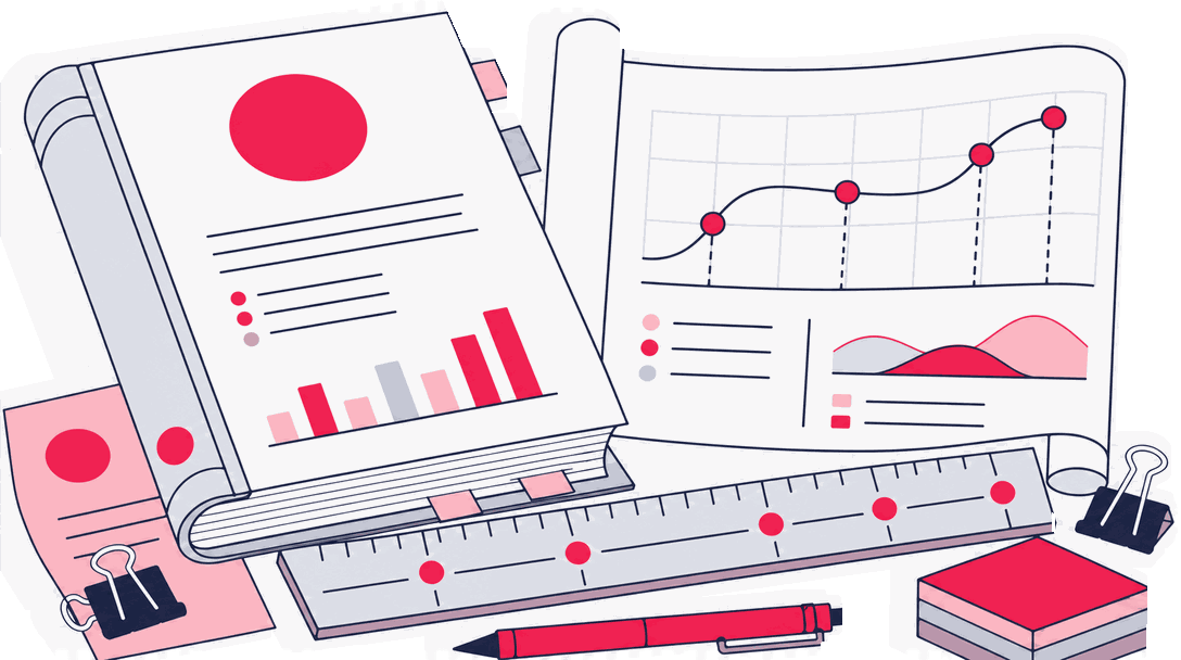 A bound audit report and roadmap scroll on a desk beside a milestone ruler