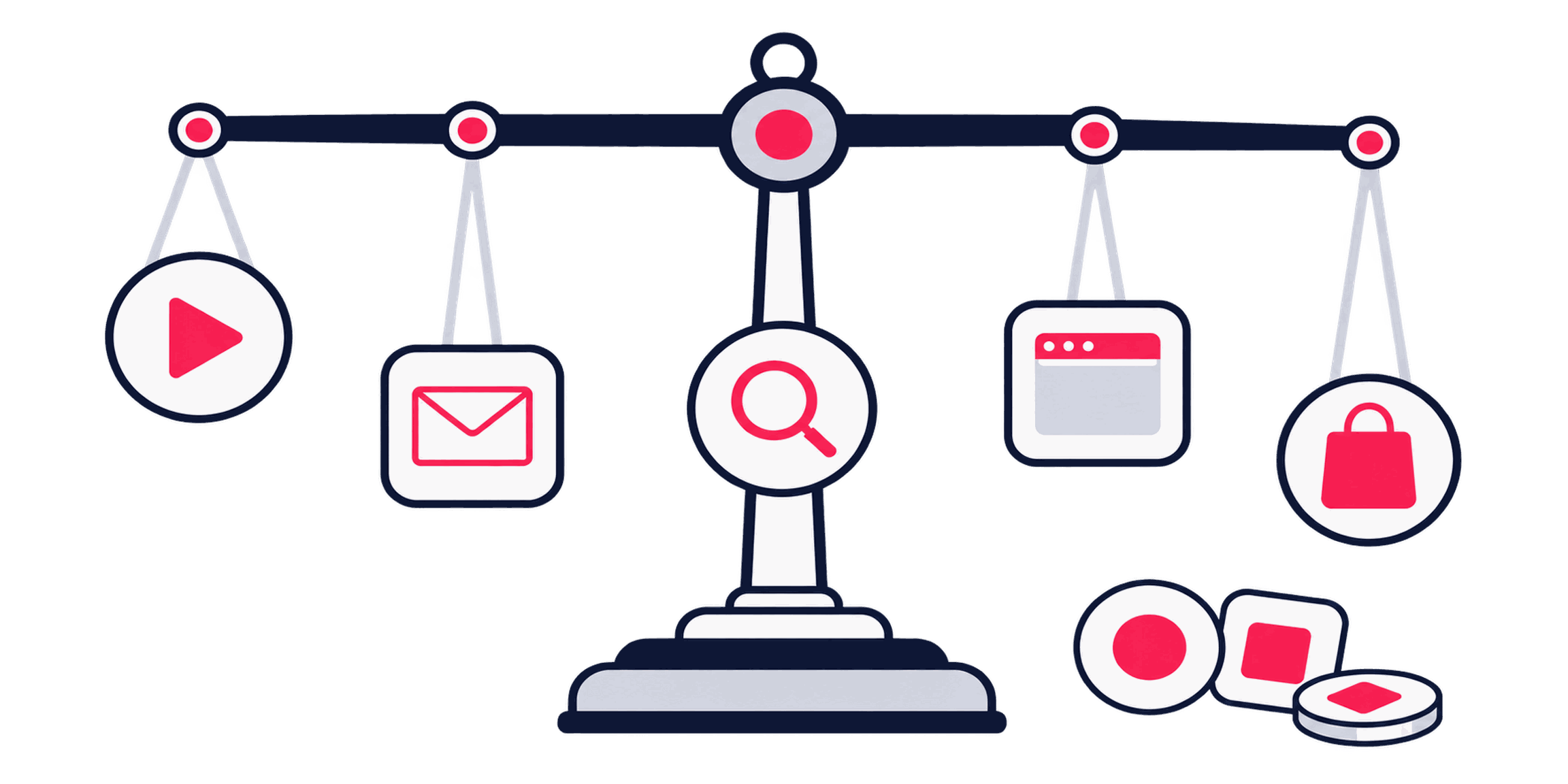 An analyst weighing touchpoint tokens on a multi-arm balance