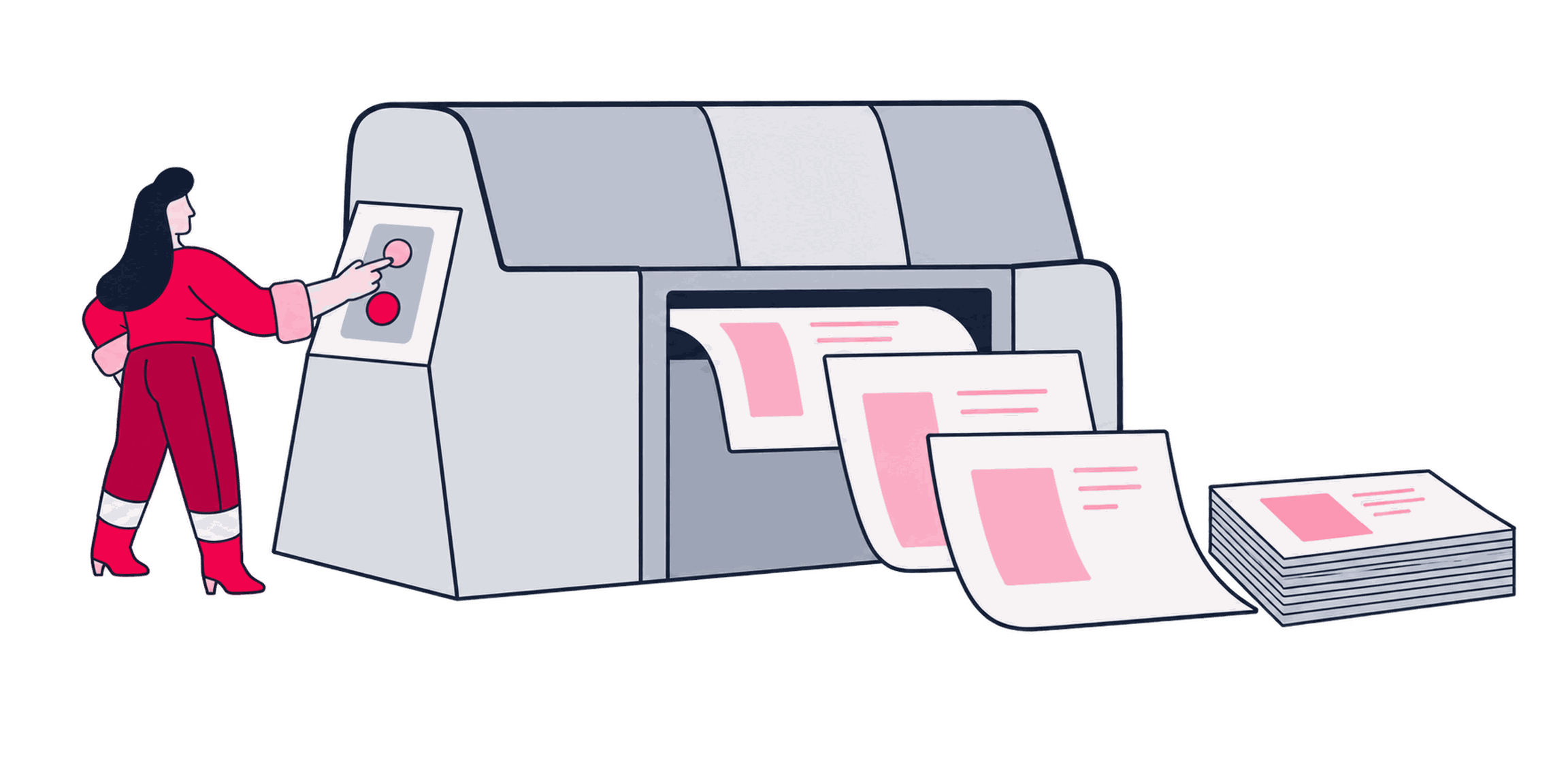 An operator starting a report press, with scheduled pages printing themselves