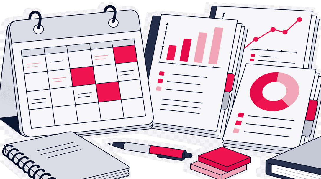 A report schedule calendar next to a sample automated report pack