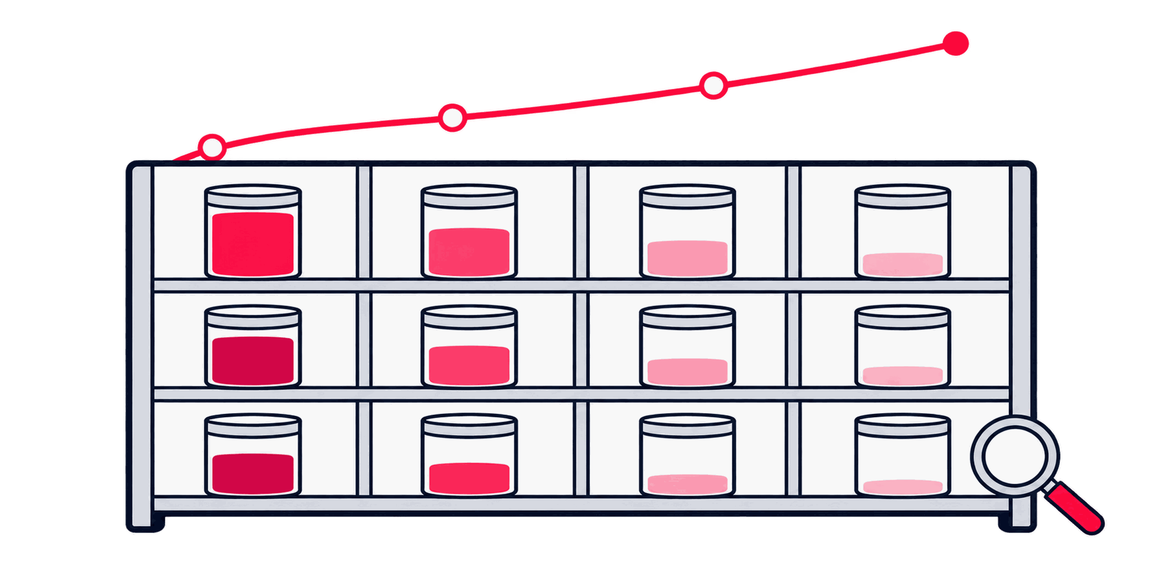 A researcher lining up cohort jars on shelves by month, with an LTV curve above