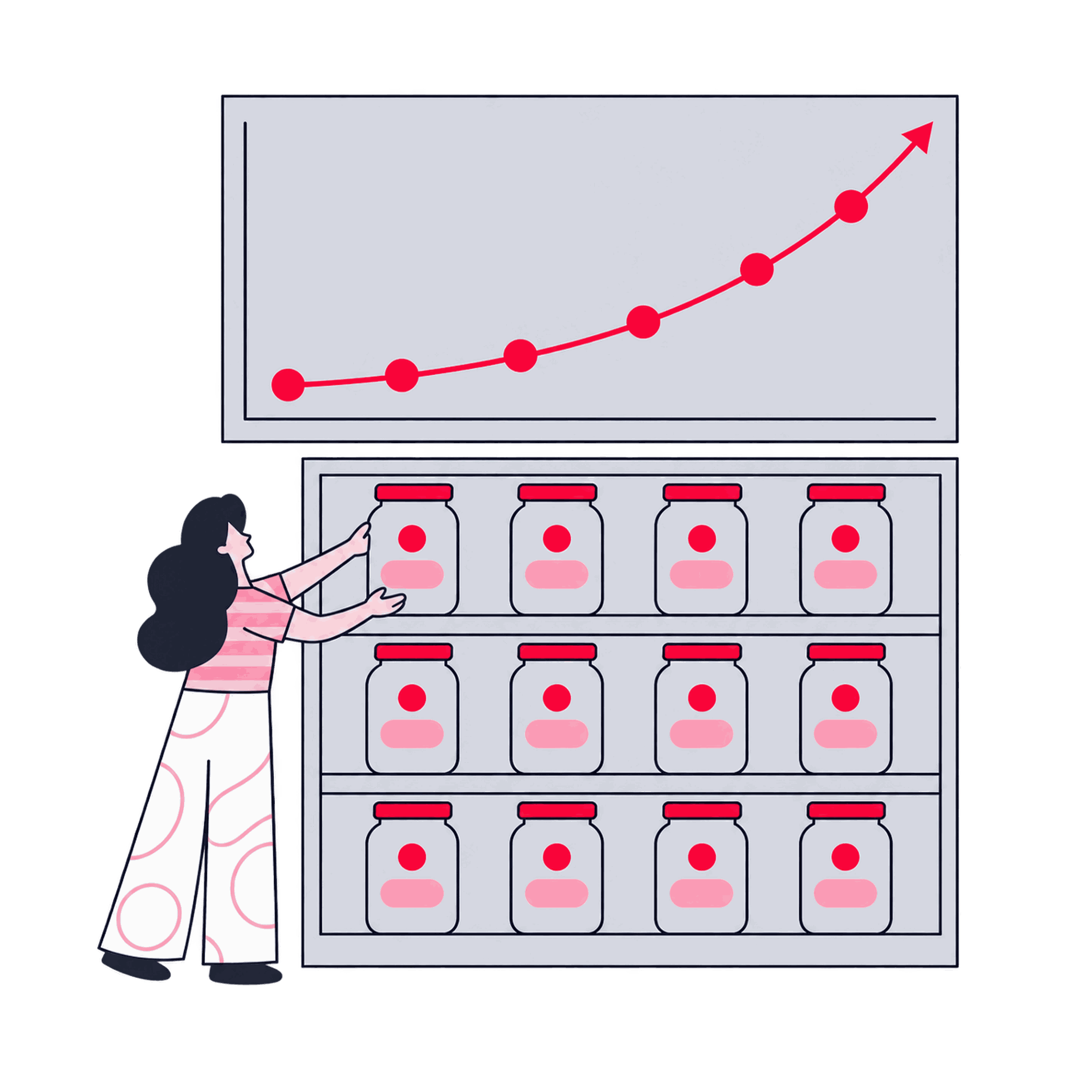 A Zeo researcher lining up cohort jars on shelves by month, with an LTV curve above