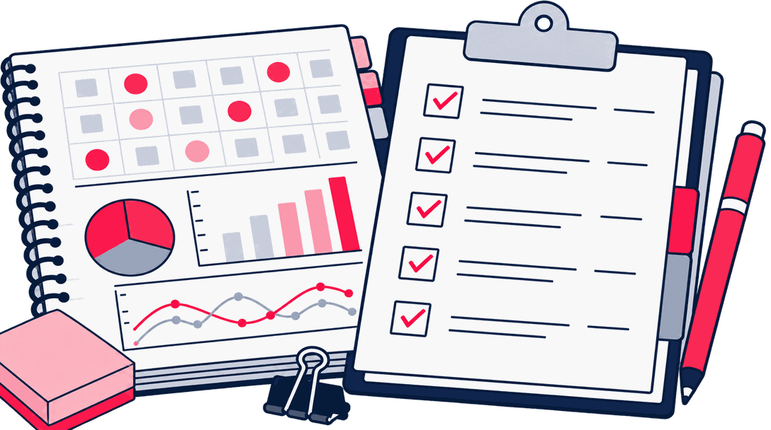 A tag matrix sheet and a go-live checklist on a clipboard