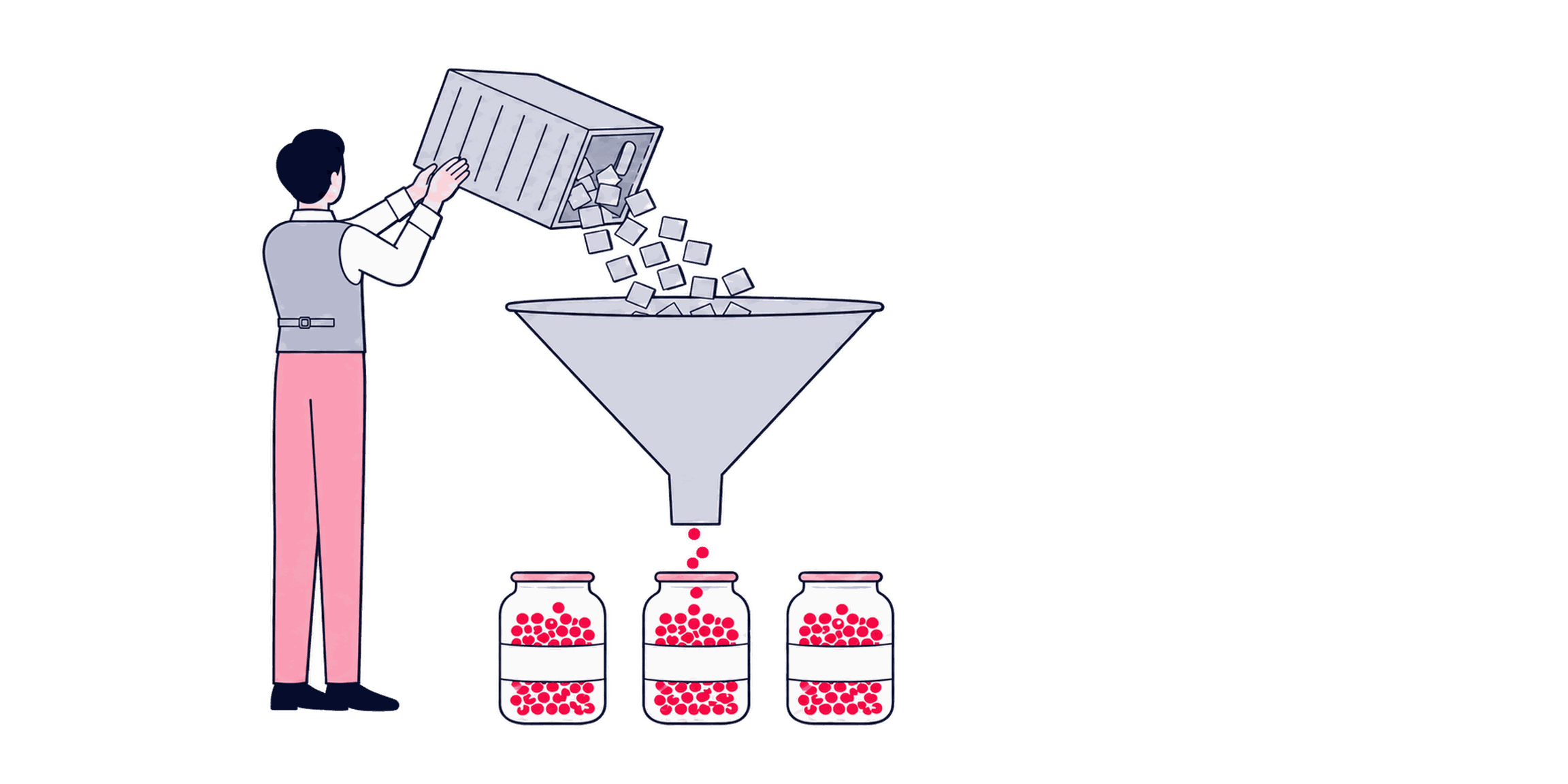 A specialist moving raw data crates through an enrichment funnel into labeled jars