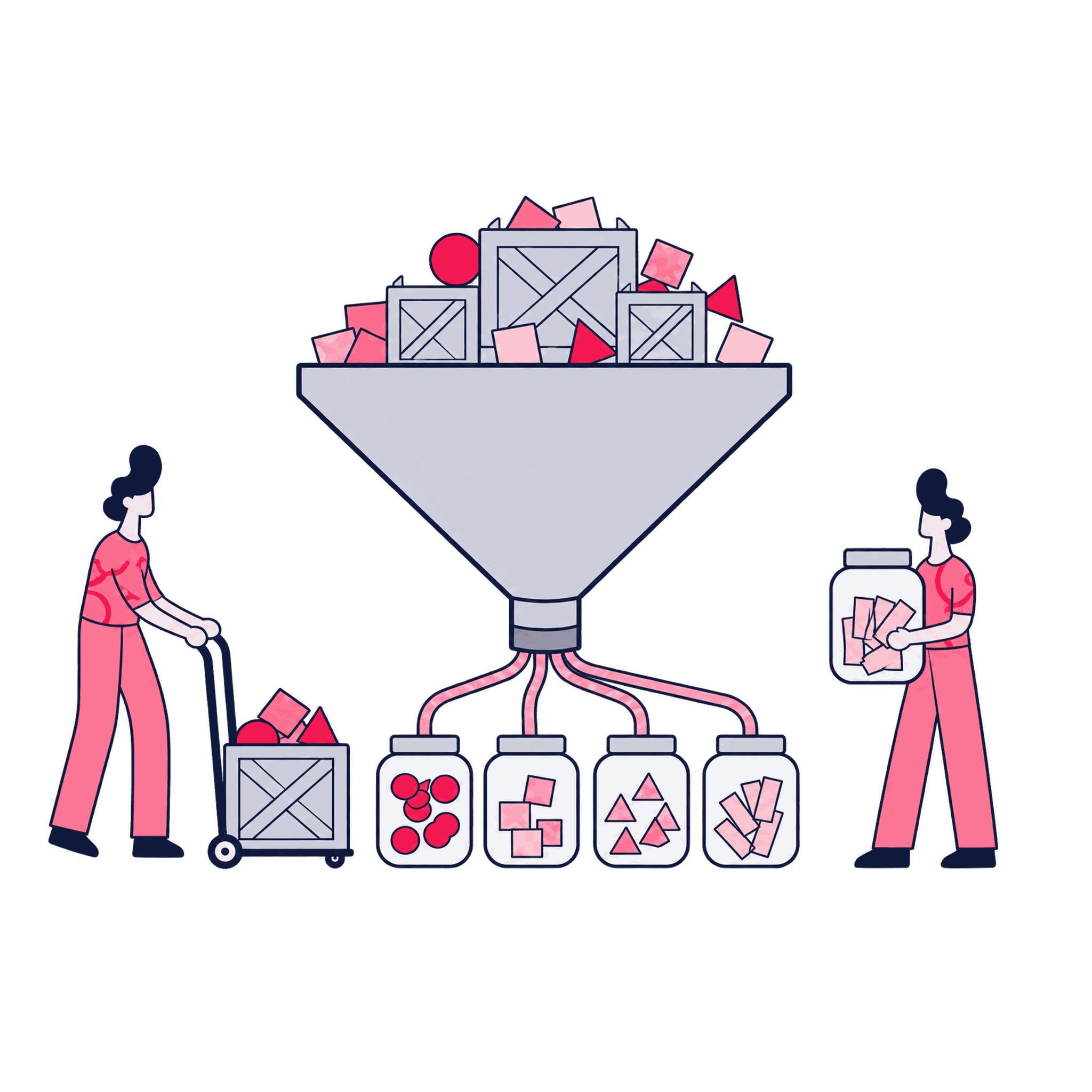 A Zeo specialist moving raw data crates through an enrichment funnel into labeled jars