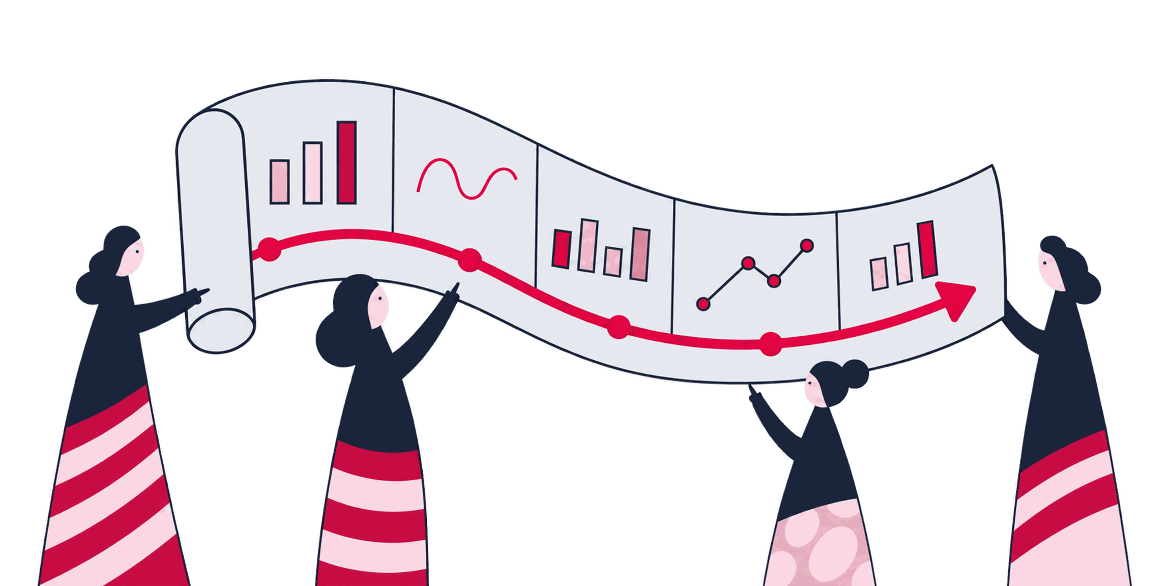 A presenter turning a chart wall into a story arc with an arrow thread