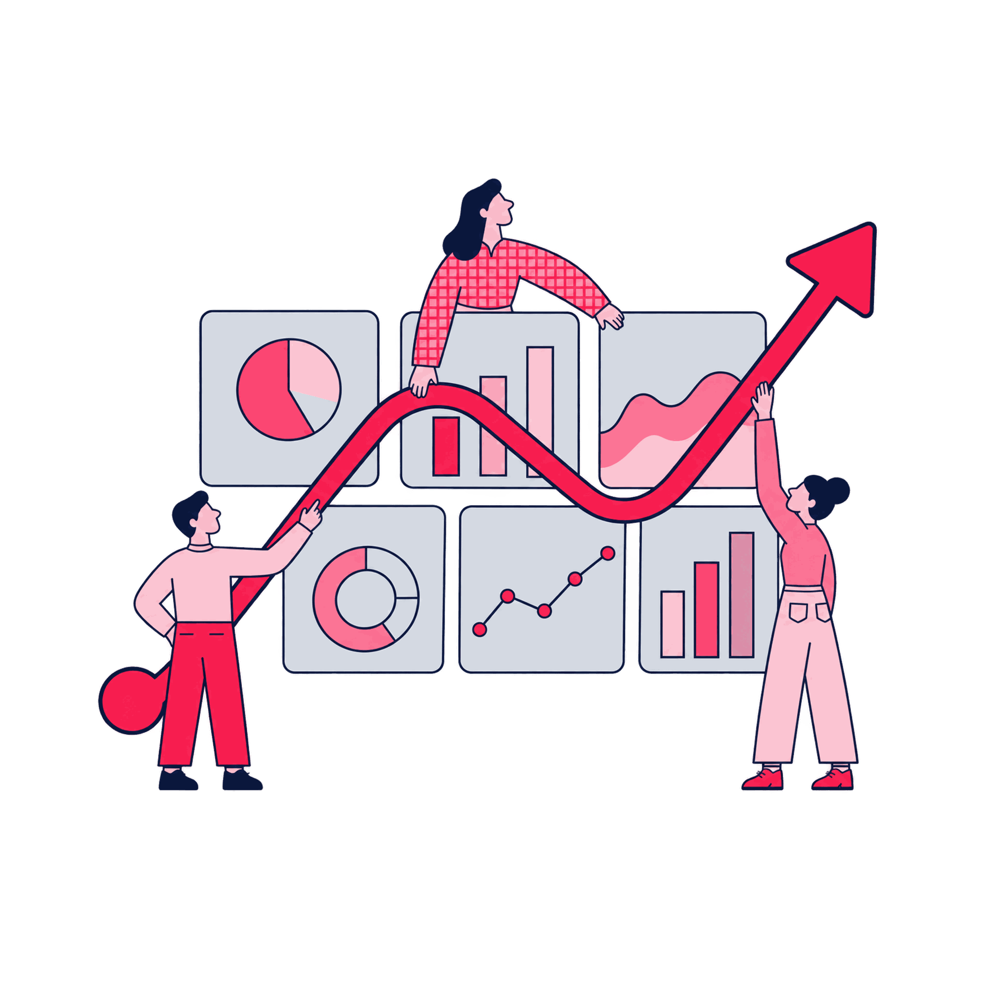 A Zeo presenter turning a chart wall into a story arc with an arrow thread