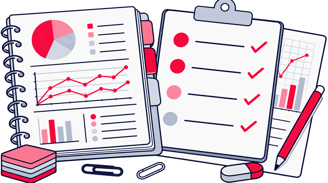 A findings binder and a prioritized fix list clipped to a clipboard