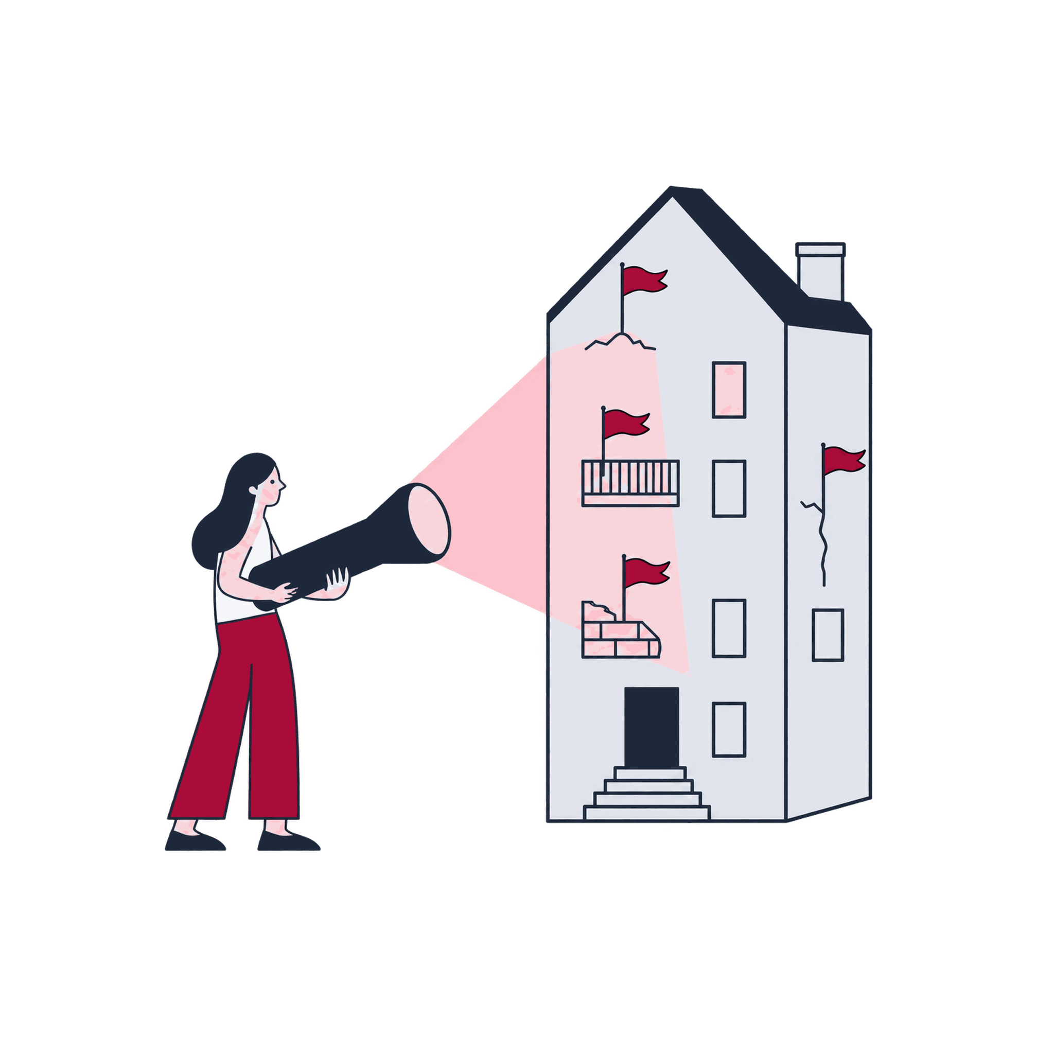 A Zeo specialist inspecting a GA4 property model with a flashlight, tagging issues as they surface