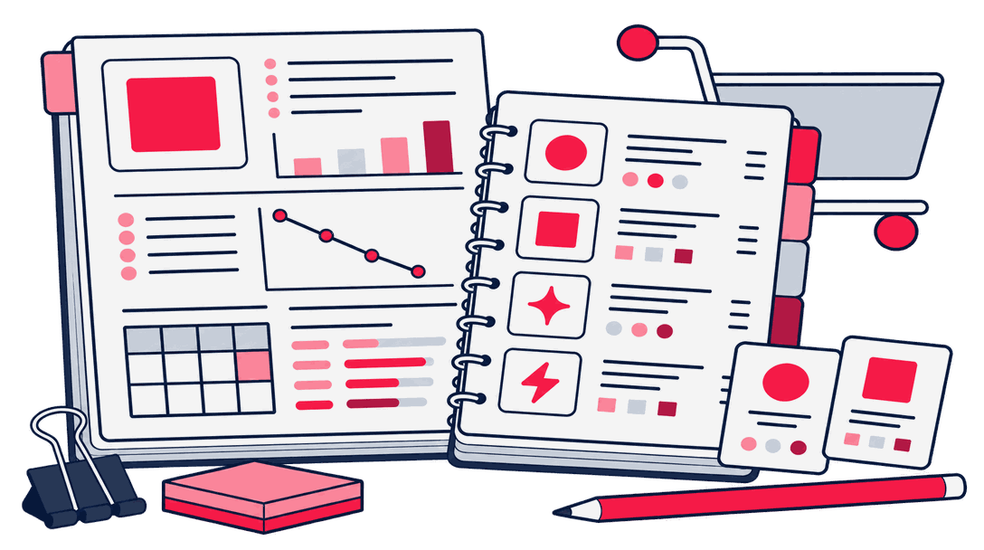 An ecommerce spec sheet and item schema cards next to a small shopping cart