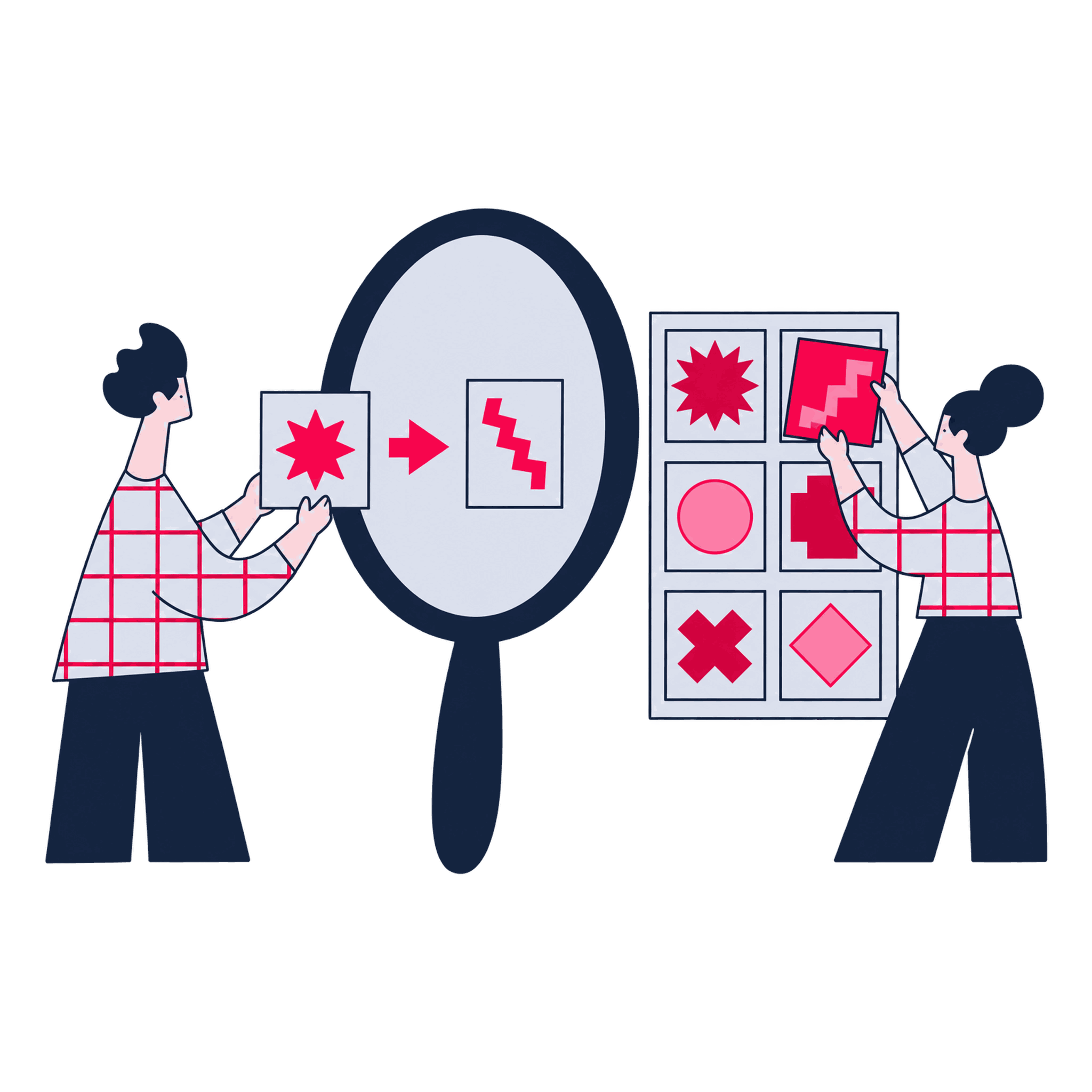 Two Zeo specialists wiring GA4 event tiles through a DebugView lens toward a key-events board