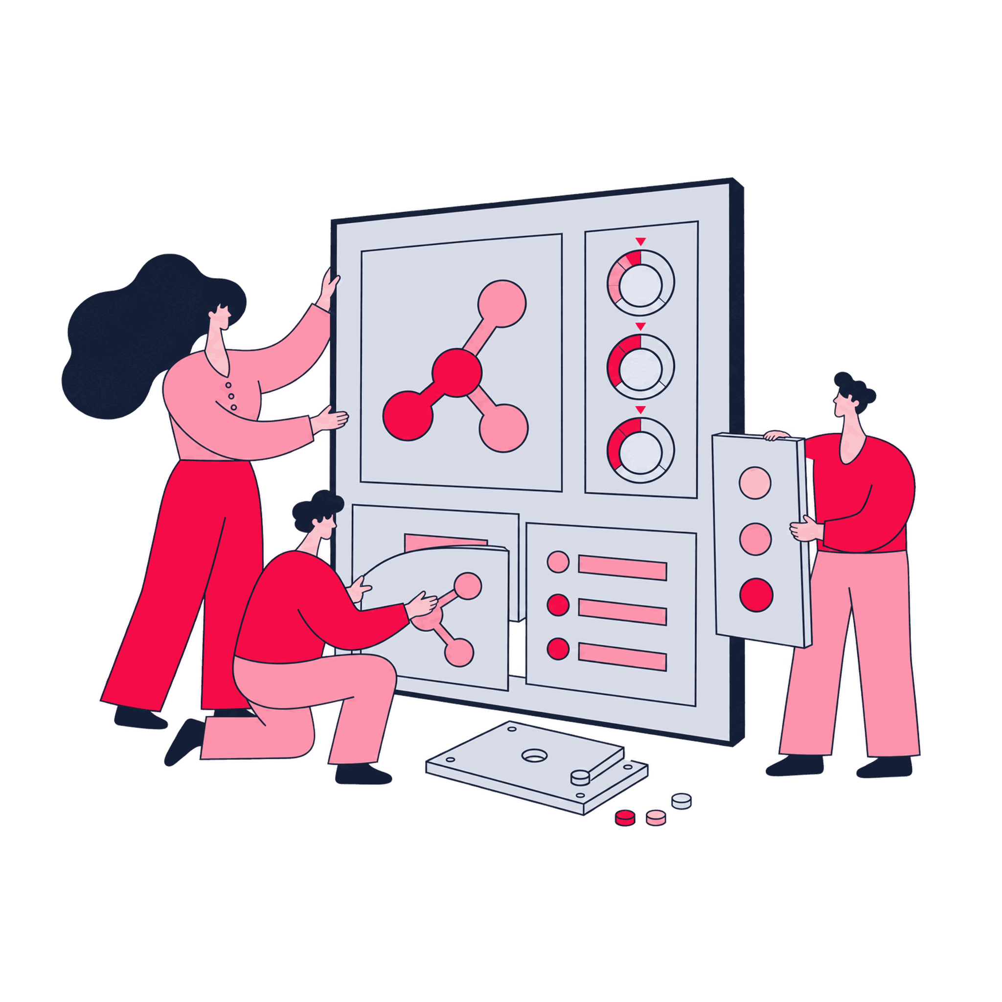 A Zeo crew assembling a GA4 property like furniture with panels, streams, and settings dials